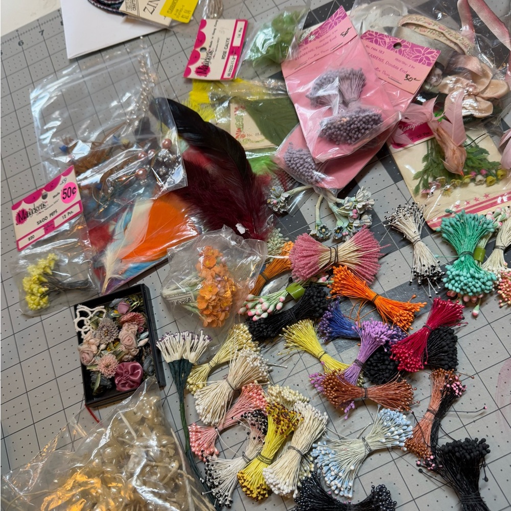 Charming Lot of Vintage Craft and Millinery Supplies-Feathers, Stamens, and More